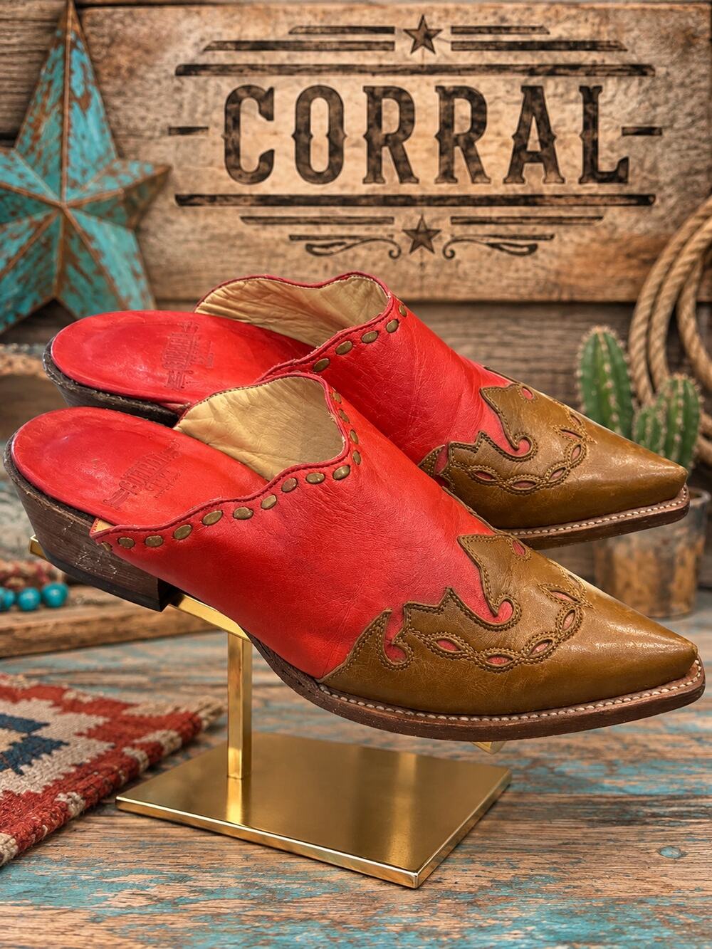 Corral Red & Brown Leather Western Pointed Toe Mules Size 7M